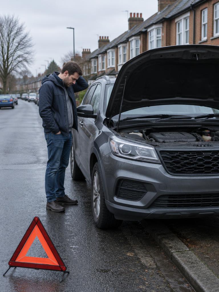 Man standing beside his broken-down SUV with the bonnet open
